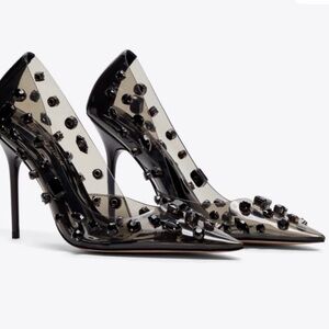 Good American Jeweled Emma Black Embellished Pointed PVC Pumps